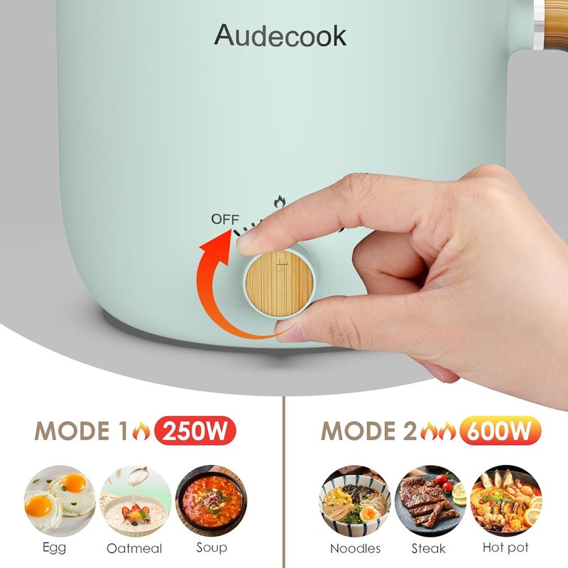 Audecook Hot Pot Electric with Steamer, 1.5L Portable Nonstick Mini Multicooker, Travel Electric Skillet with Dual Power Control for Pasta/Soup/Steak/Egg/Oatmeal (Green) - Image 5